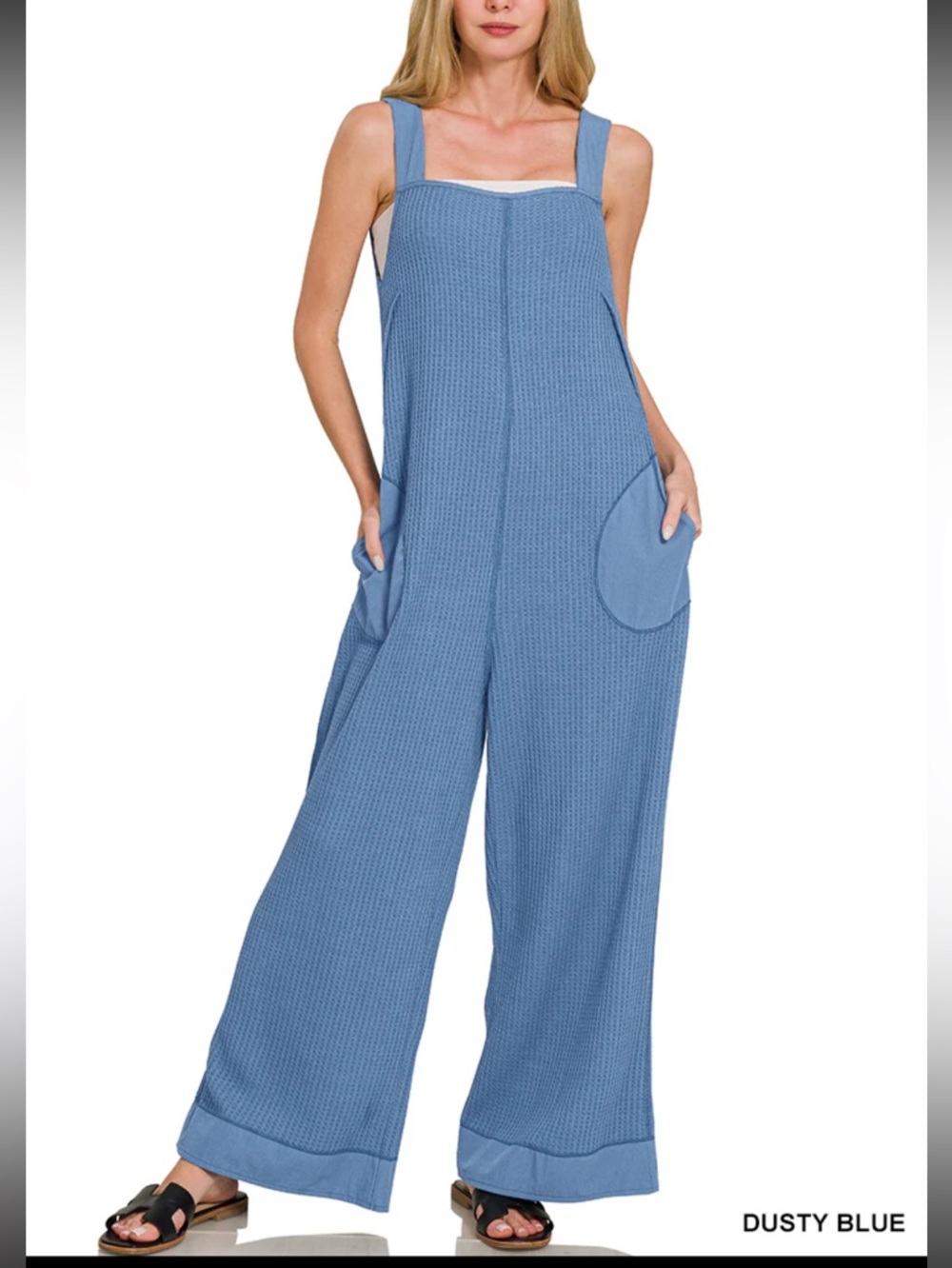 Zenana Dusty Blue Wide Leg Waffle Knit Jumpsuit Overalls NWT